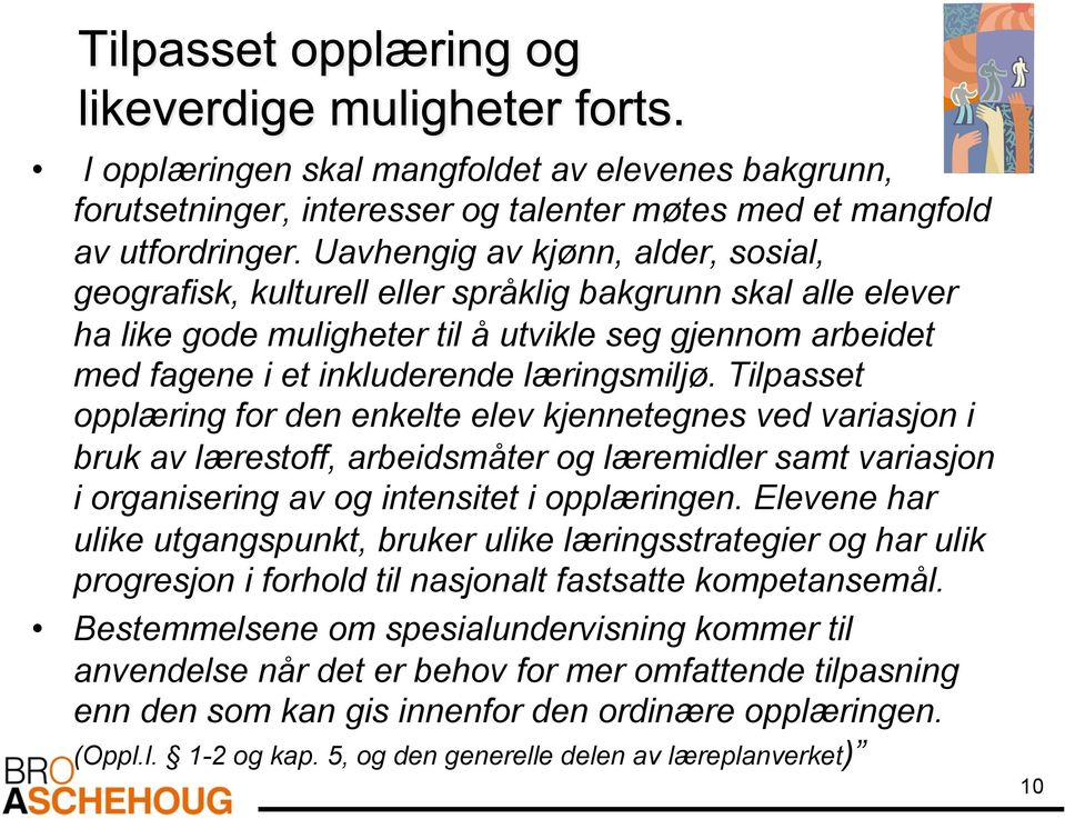 Tilpasset opplæring for den enkelte elev kjennetegnes ved variasjon i bruk av lærestoff, arbeidsmåter og læremidler samt variasjon i organisering av og intensitet i opplæringen.