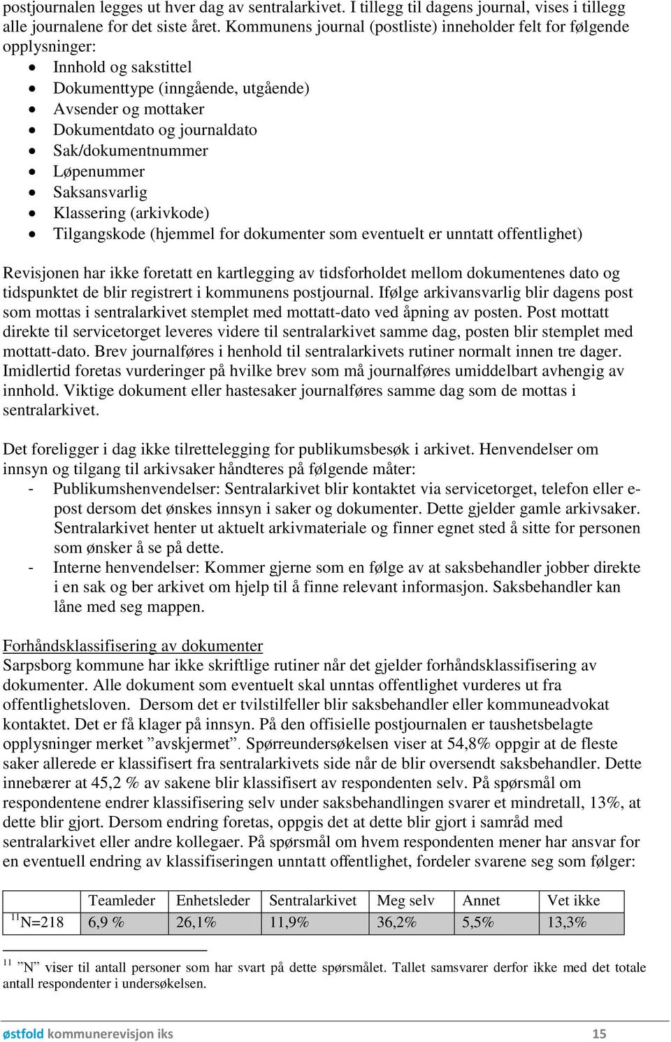 Løpenummer Saksansvarlig Klassering (arkivkode) Tilgangskode (hjemmel for dokumenter som eventuelt er unntatt offentlighet) Revisjonen har ikke foretatt en kartlegging av tidsforholdet mellom