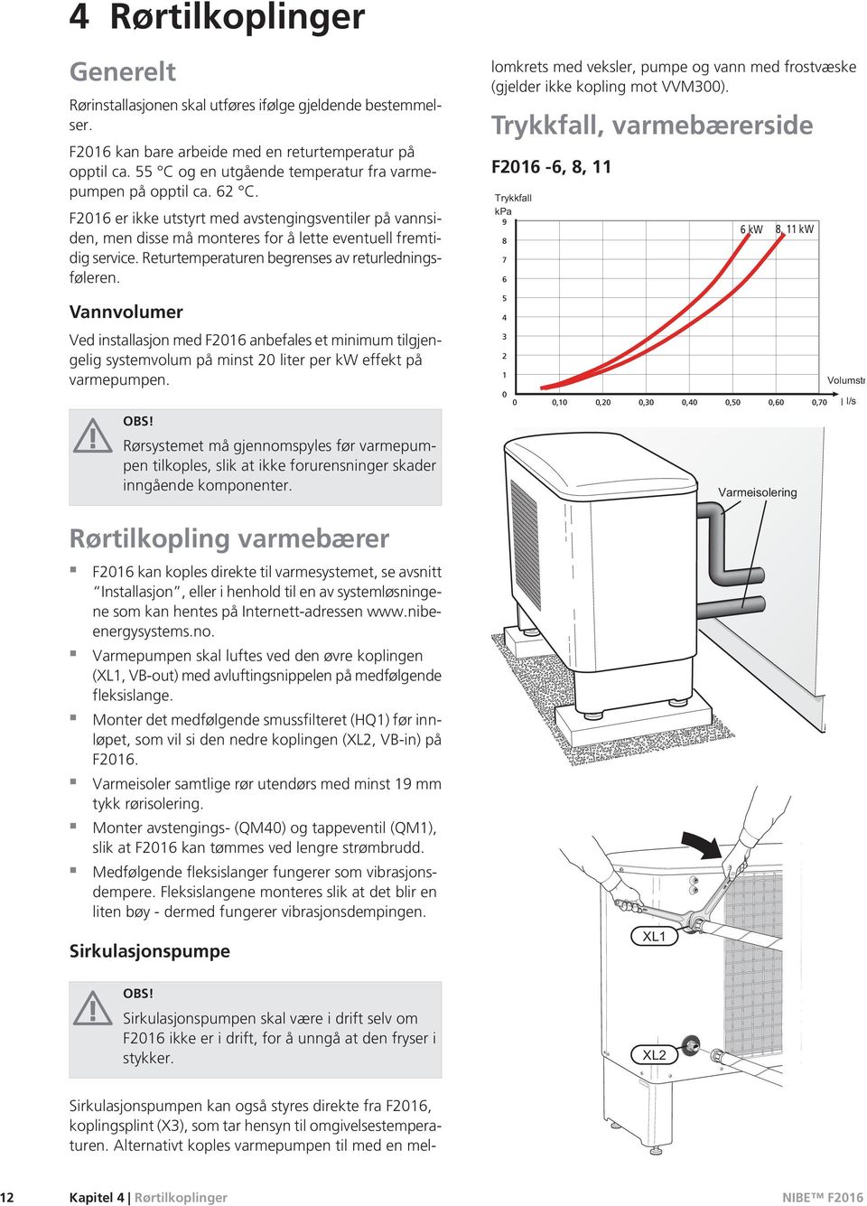 Returtemperaturen begrenses av returledningsføleren. Vannvolumer Ved installasjon med F2016 anbefales et minimum tilgjengelig systemvolum på minst 20 liter per kw effekt på varmepumpen.