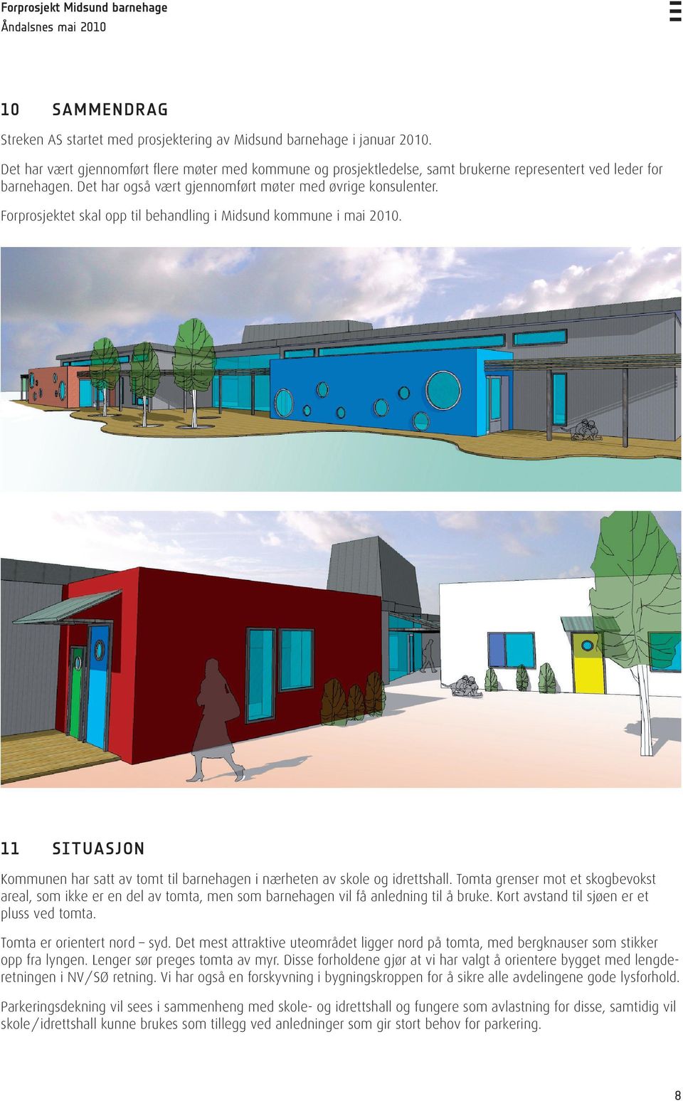 Forprosjektet skal opp til behandling i Midsund kommune i mai 2010. 11 SITUASJON Kommunen har satt av tomt til barnehagen i nærheten av skole og idrettshall.