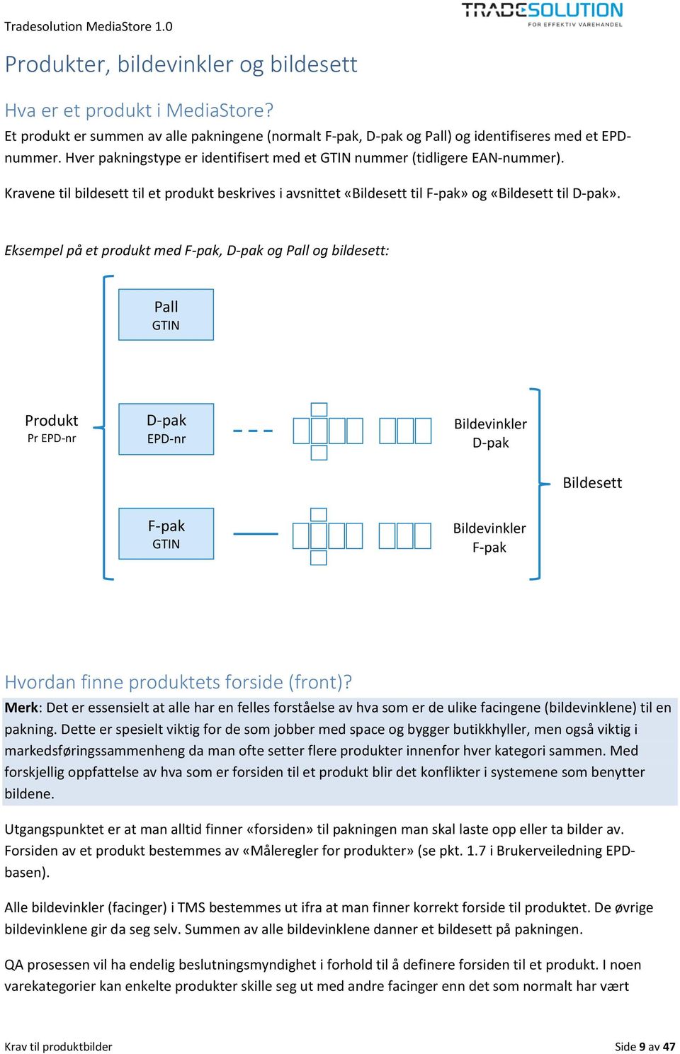 Eksempel på et produkt med F-pak, D-pak og Pall og bildesett: Pall GTIN Produkt Pr EPD-nr D-pak EPD-nr GTIN Bildevinkler D-pak Bildesett F-pak GTIN Bildevinkler F-pak Hvordan finne produktets forside