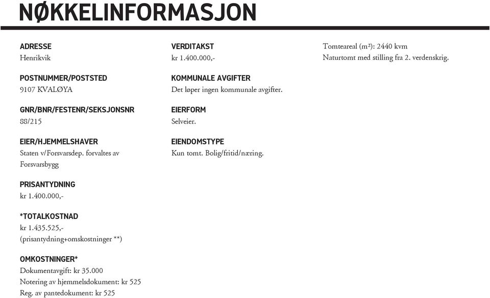 EIENDOMSTYPE Kun tomt. Bolig/fritid/næring. Tomteareal (m²): 2440 kvm Naturtomt med stilling fra 2. verdenskrig. PRISANTYDNING kr 1.400.