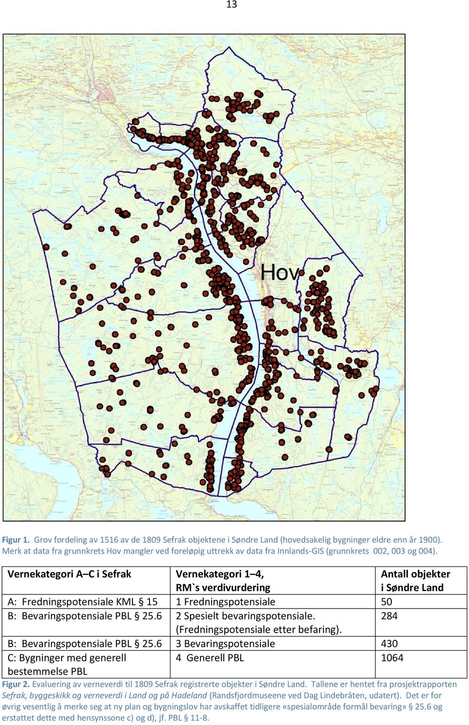 Vernekategori A C i Sefrak Vernekategori 1 4, RM`s verdivurdering Antall objekter i Søndre Land A: Fredningspotensiale KML 15 1 Fredningspotensiale 50 B: Bevaringspotensiale PBL 25.