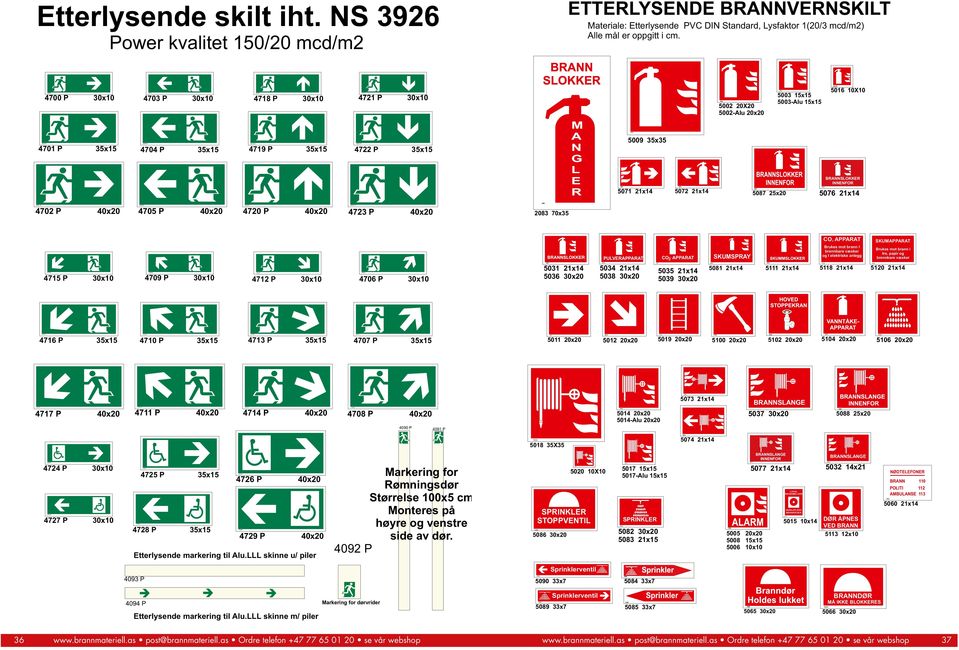 NS 3926 Power kvalitet 150/20 mcd/m2 ETTERLYSENDE BRANNVERNSKILT Materiale: Etterlysende PVC DIN Standard, Lysfaktor 1(20/3 mcd/m2) Alle mål er oppgitt i cm.