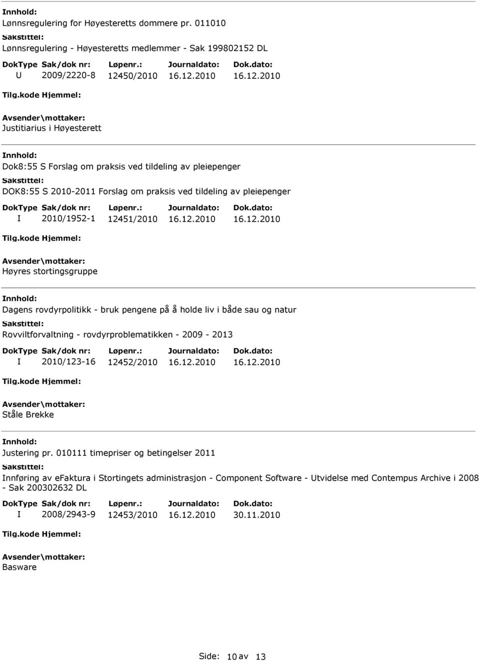 S 2010-2011 Forslag om praksis ved tildeling av pleiepenger 2010/1952-1 12451/2010 Høyres stortingsgruppe Dagens rovdyrpolitikk - bruk pengene på å holde liv i både sau og natur