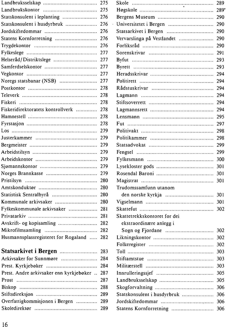 Los 279 Justerkammer 279 Bergmeister 279 Arbeidstilsyn 279 Arbeidskontor 279 Sjømannskontor 279 Norges Brannkasse 279 Pristilsyn 280 Amtskonduktør 280 Statistisk Sentralbyrå 280 Kommunale arkivsaker