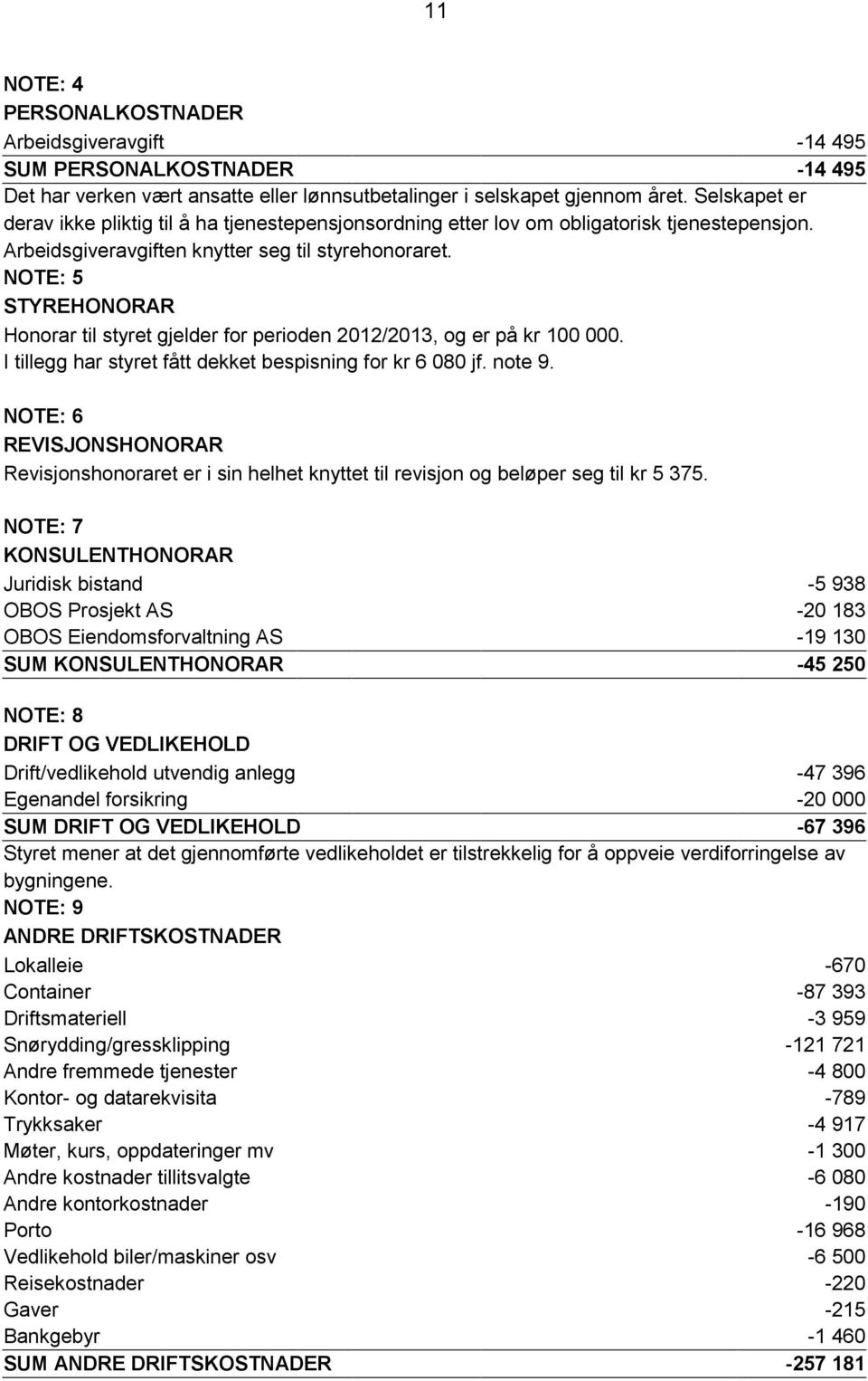 NOTE: 5 STYREHONORAR Honorar til styret gjelder for perioden 2012/2013, og er på kr 100 000. I tillegg har styret fått dekket bespisning for kr 6 080 jf. note 9.