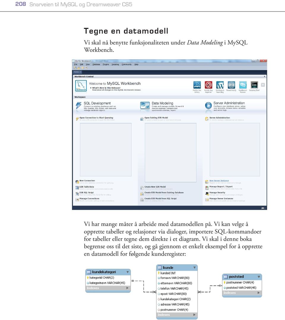 Vi kan velge å opprette tabeller og relasjoner via dialoger, importere SQL-kommandoer for tabeller eller tegne dem