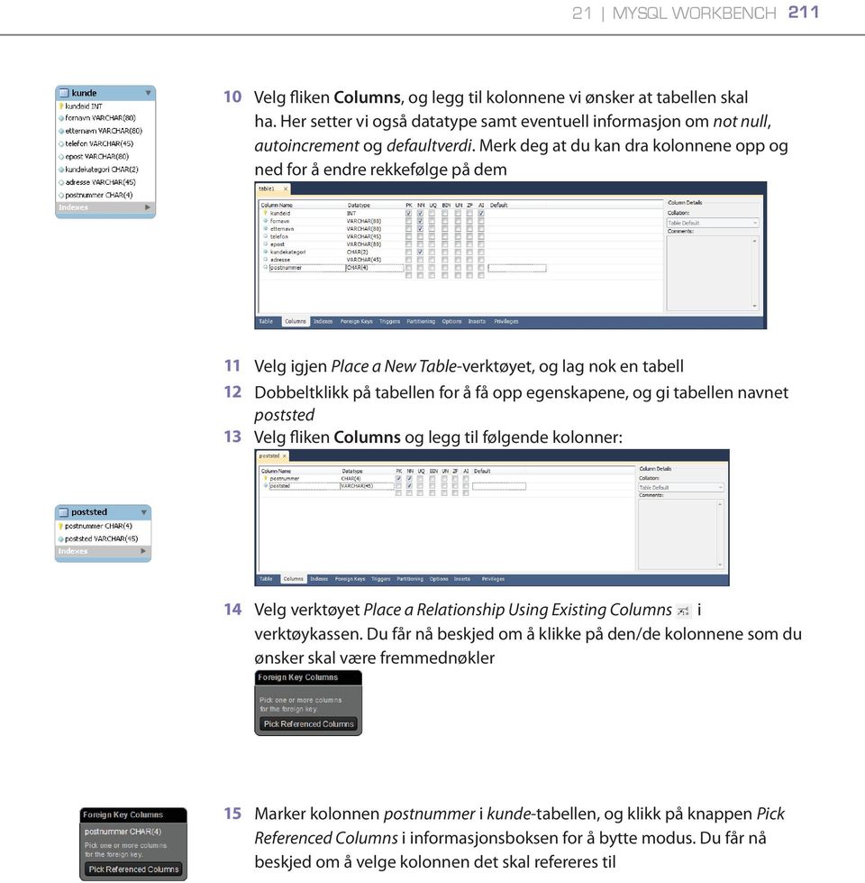 tabellen navnet poststed 13 Velg fliken Columns og legg til følgende kolonner: 14 Velg verktøyet Place a Relationship Using Existing Columns i verktøykassen.