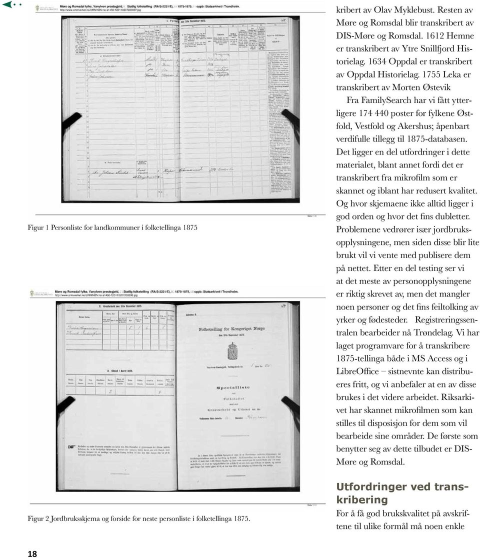 1755 Leka er transkribert av Morten Østevik Fra FamilySearch har vi fått ytterligere 174 440 poster for fylkene Østfold, Vestfold og Akershus; åpenbart verdifulle tillegg til 1875-databasen.