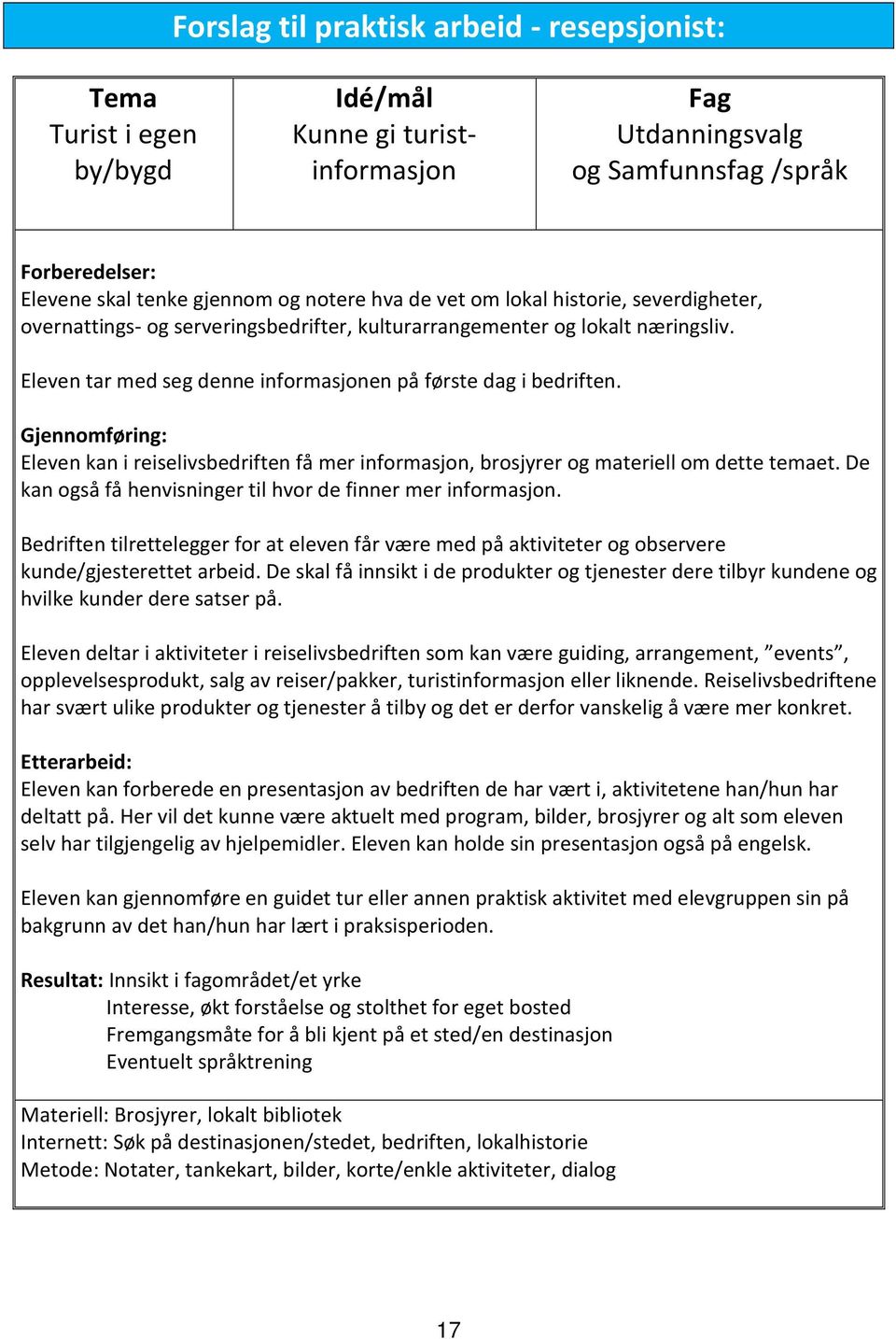 Gjennomføring: Eleven kan i reiselivsbedriften få mer informasjon, brosjyrer og materiell om dette temaet. De kan også få henvisninger til hvor de finner mer informasjon.