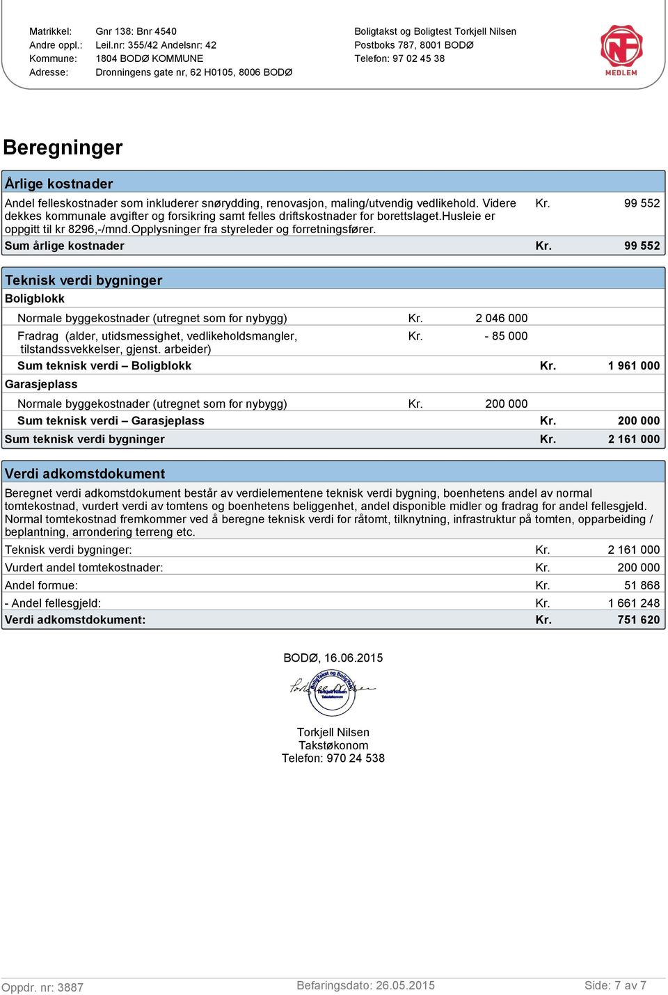 Sum årlige kostnader 99 552 99 552 Teknisk verdi bygninger Boligblokk Normale byggekostnader (utregnet som for nybygg) 2 046 000 Fradrag (alder, utidsmessighet, vedlikeholdsmangler,