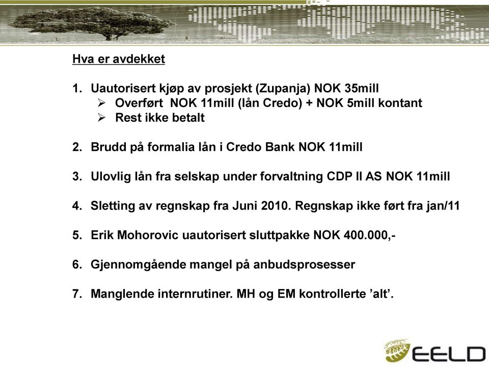 2. Brudd på formalia lån i Credo Bank NOK 11mill 3. Ulovlig lån fra selskap under forvaltning CDP II AS NOK 11mill 4.