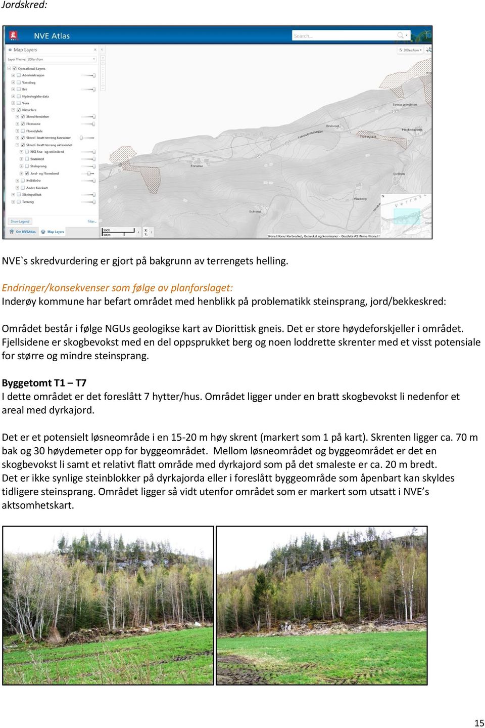 Diorittisk gneis. Det er store høydeforskjeller i området. Fjellsidene er skogbevokst med en del oppsprukket berg og noen loddrette skrenter med et visst potensiale for større og mindre steinsprang.