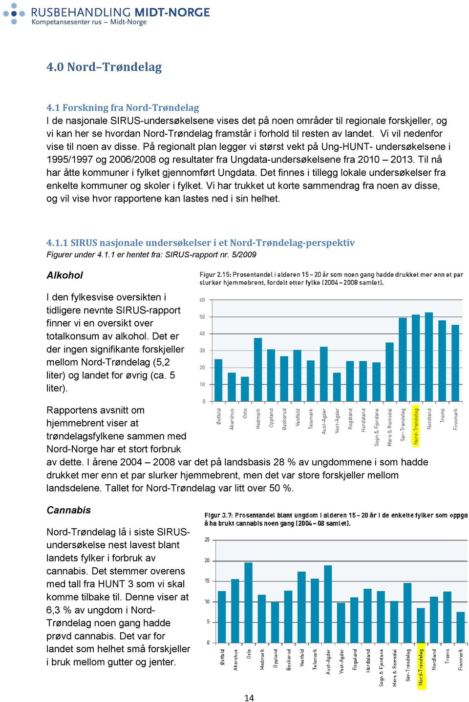 Vi vil nedenfor vise til noen av disse. På regionalt plan legger vi størst vekt på Ung-HUNT- undersøkelsene i 1995/1997 og 2006/2008 og resultater fra Ungdata-undersøkelsene fra 2010 2013.