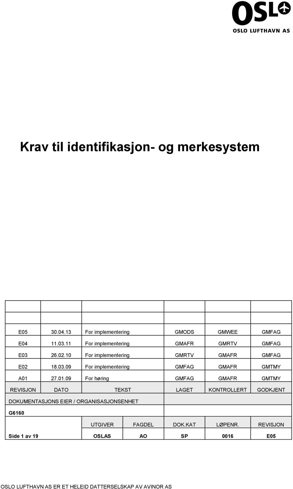 01.09 For høring GMFAG GMAFR GMTMY REVISJON DATO TEKST LAGET KONTROLLERT GODKJENT DOKUMENTASJONS EIER / ORGANISASJONSENHET