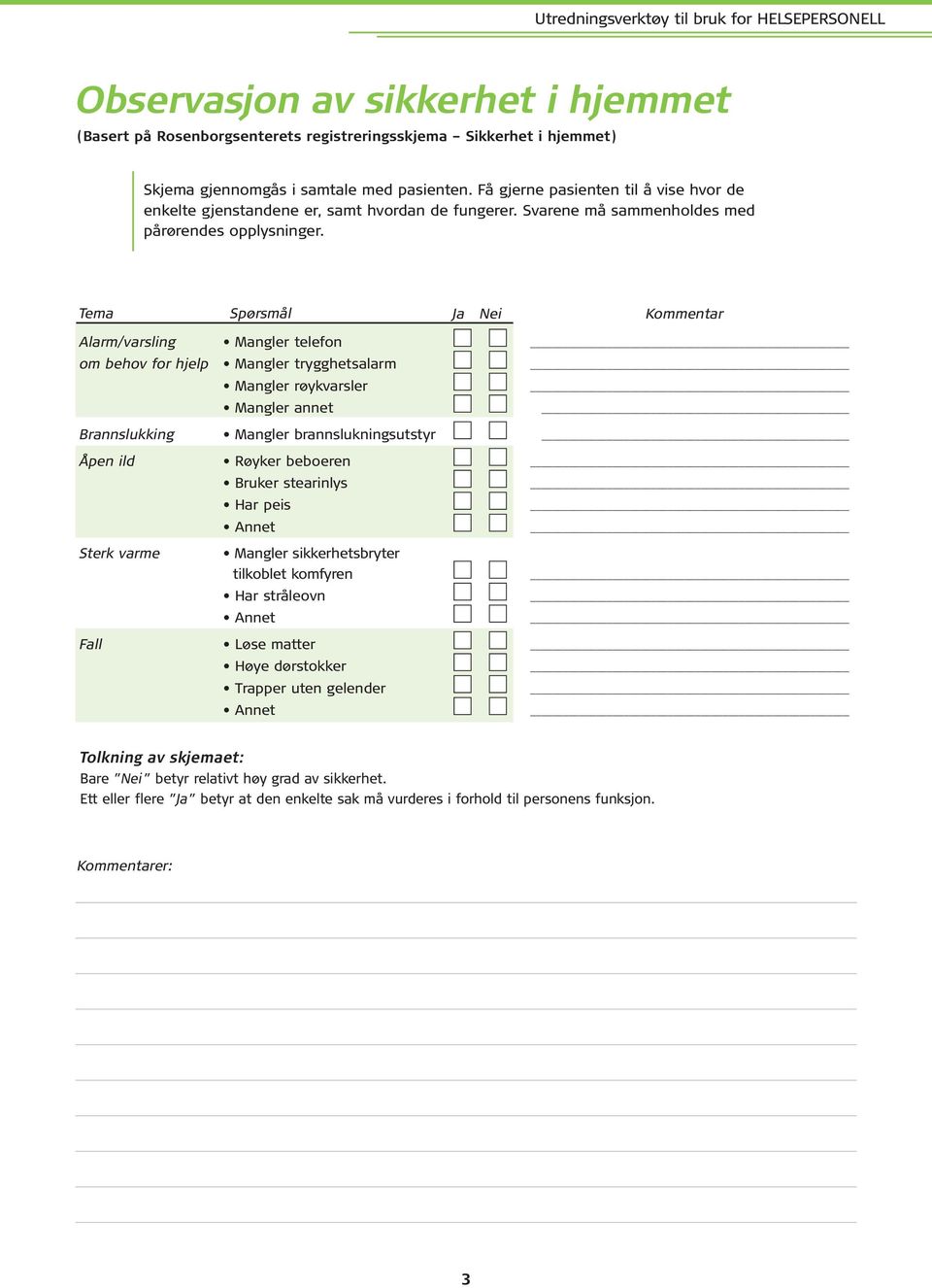 Tema Spørsmål Ja Nei Kommentar Alarm/varsling Mangler telefon om behov for hjelp Mangler trygghetsalarm Mangler røykvarsler Mangler annet Brannslukking Mangler brannslukningsutstyr Åpen ild Røyker