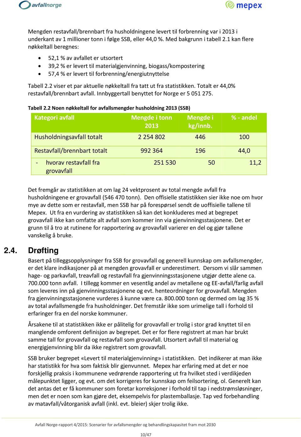 2 viser et par aktuelle nøkkeltall fra tatt ut fra statistikken. Totalt er 44,0% restavfall/brennbart avfall. Innbyggertall benyttet for Norge er 5 051 275. Tabell 2.