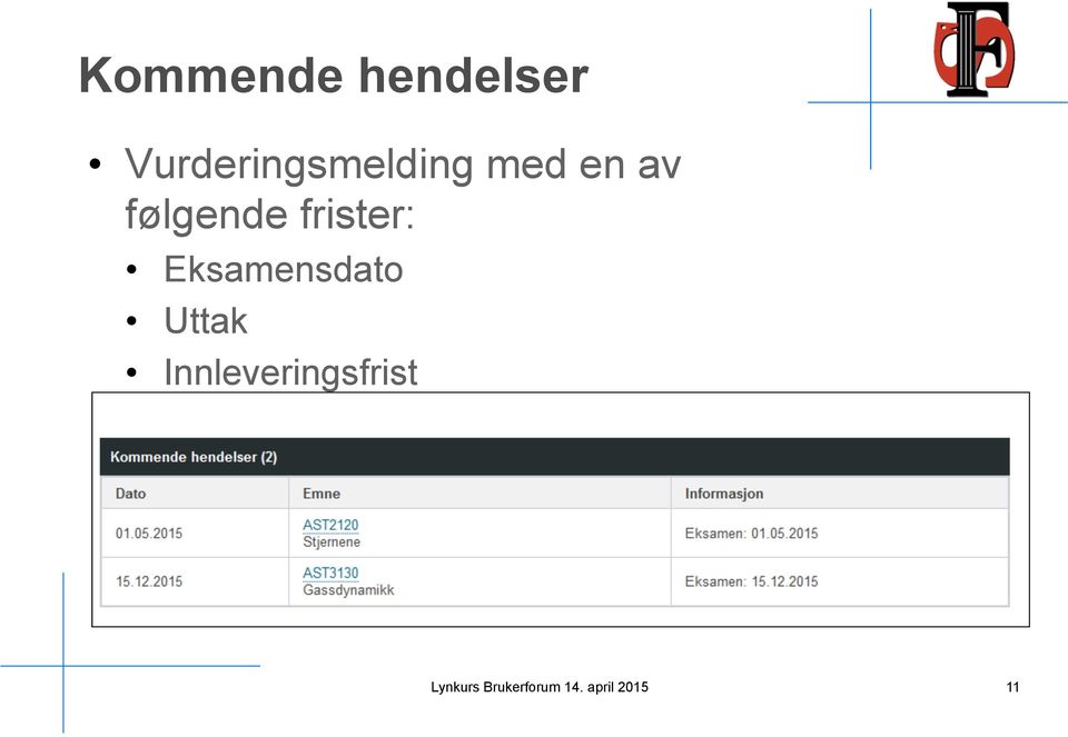 følgende frister: Eksamensdato