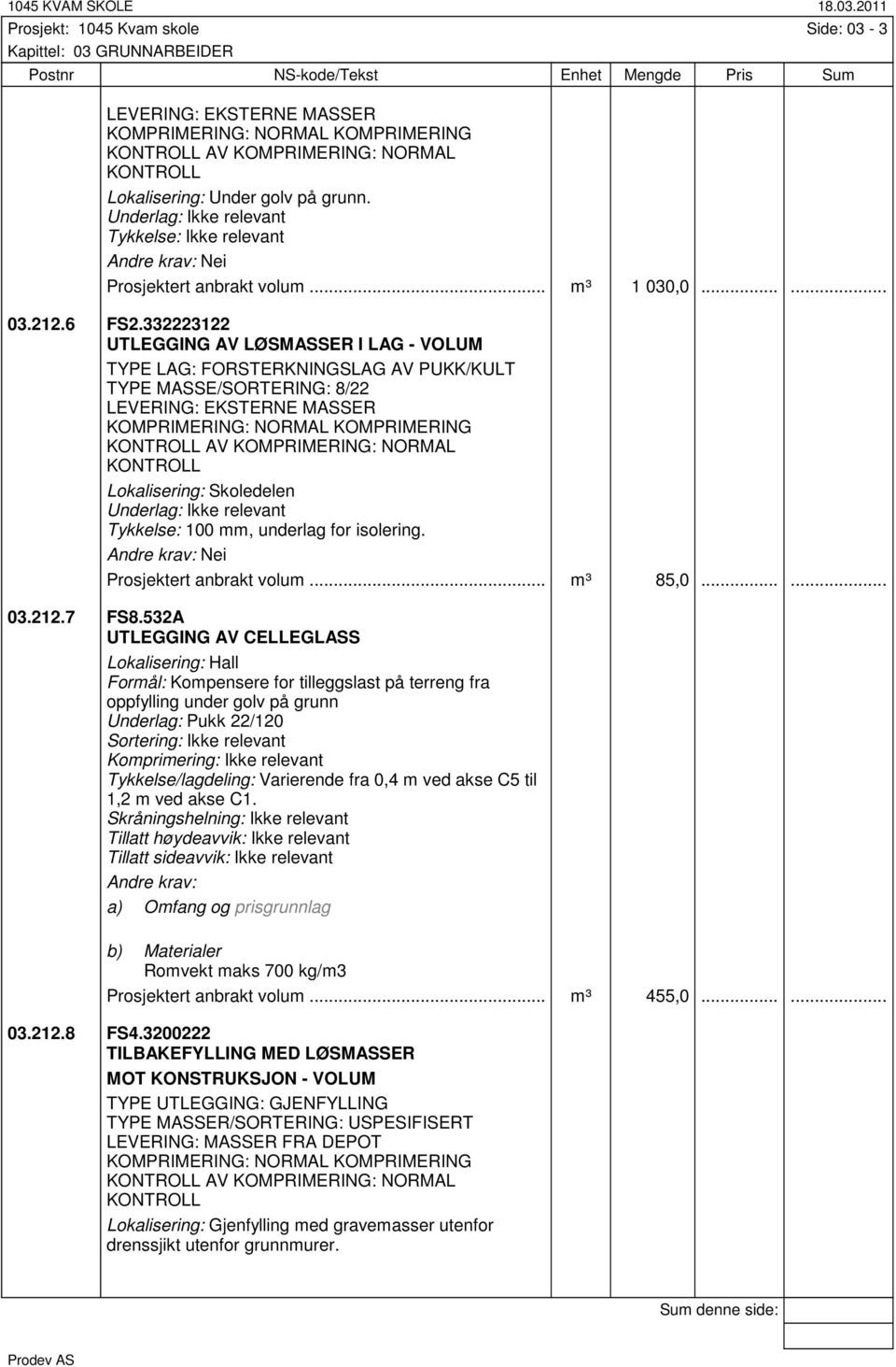 3331 UTLEGGING AV LØSMASSER I LAG - VOLUM TYPE LAG: FORSTERKNINGSLAG AV PUKK/KULT TYPE MASSE/SORTERING: 8/ LEVERING: EKSTERNE MASSER KOMPRIMERING: NORMAL KOMPRIMERING KONTROLL AV KOMPRIMERING: NORMAL