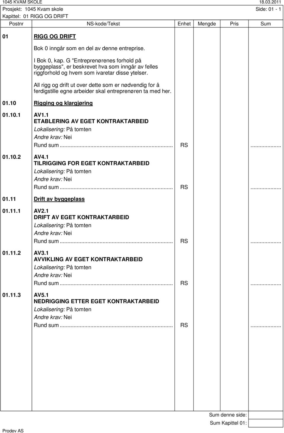 All rigg og drift ut over dette som er nødvendig for å ferdigstille egne arbeider skal entreprenøren ta med her. 01.10 Rigging og klargjøring 01.10.1 AV1.