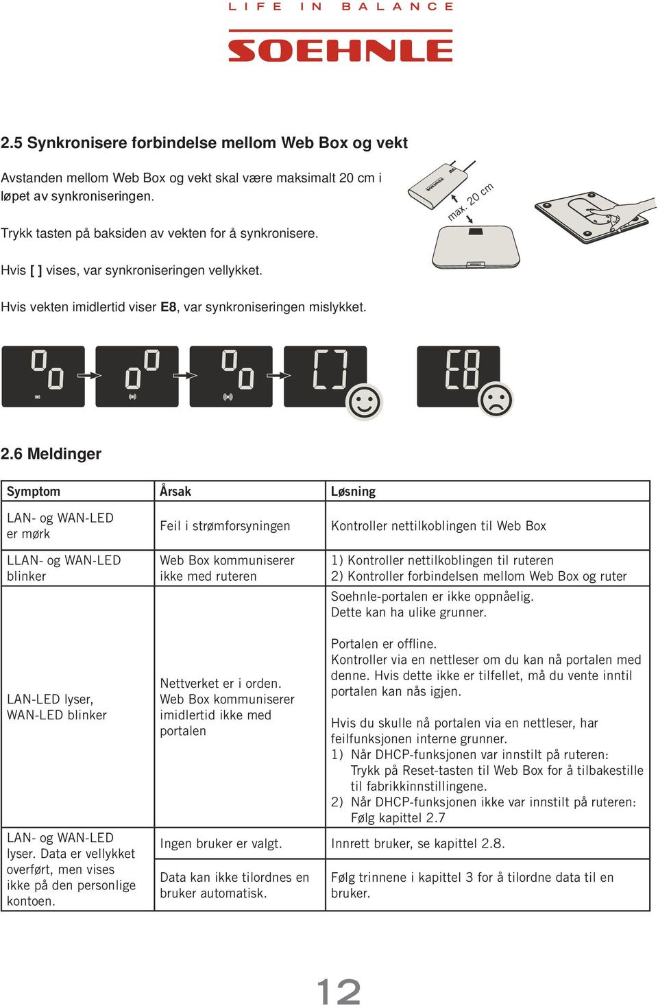 6 Meldinger Symptom Årsak Løsning LAN- og WAN-LED er mørk LLAN- og WAN-LED blinker Feil i strømforsyningen Web Box kommuniserer ikke med ruteren Kontroller nettilkoblingen til Web Box 1) Kontroller