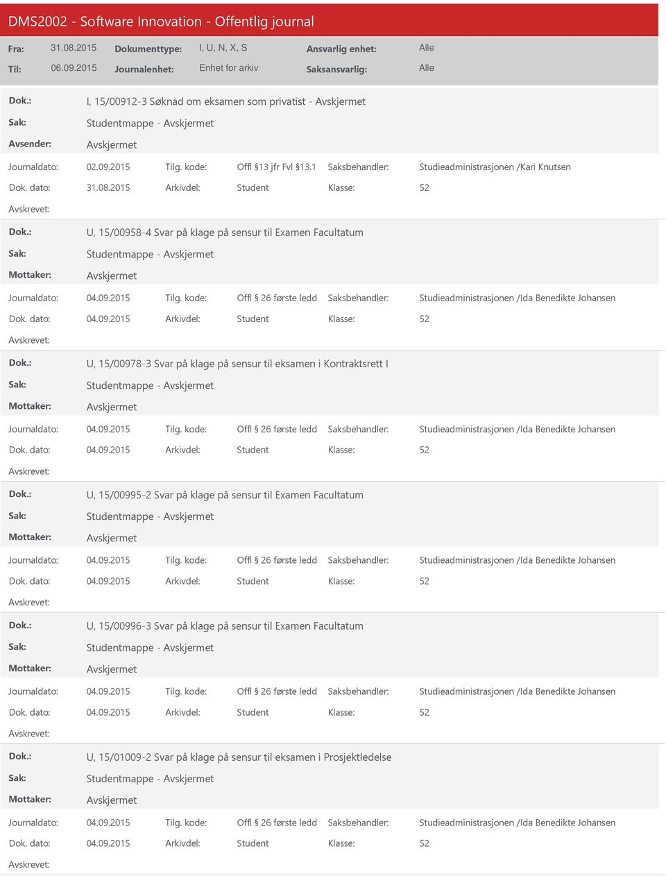 09.2015 Student, 15/00995-2 Svar på klage på sensur til Examen Facultatum 04.09.2015 Student, 15/00996-3 Svar på klage på sensur til Examen Facultatum 04.