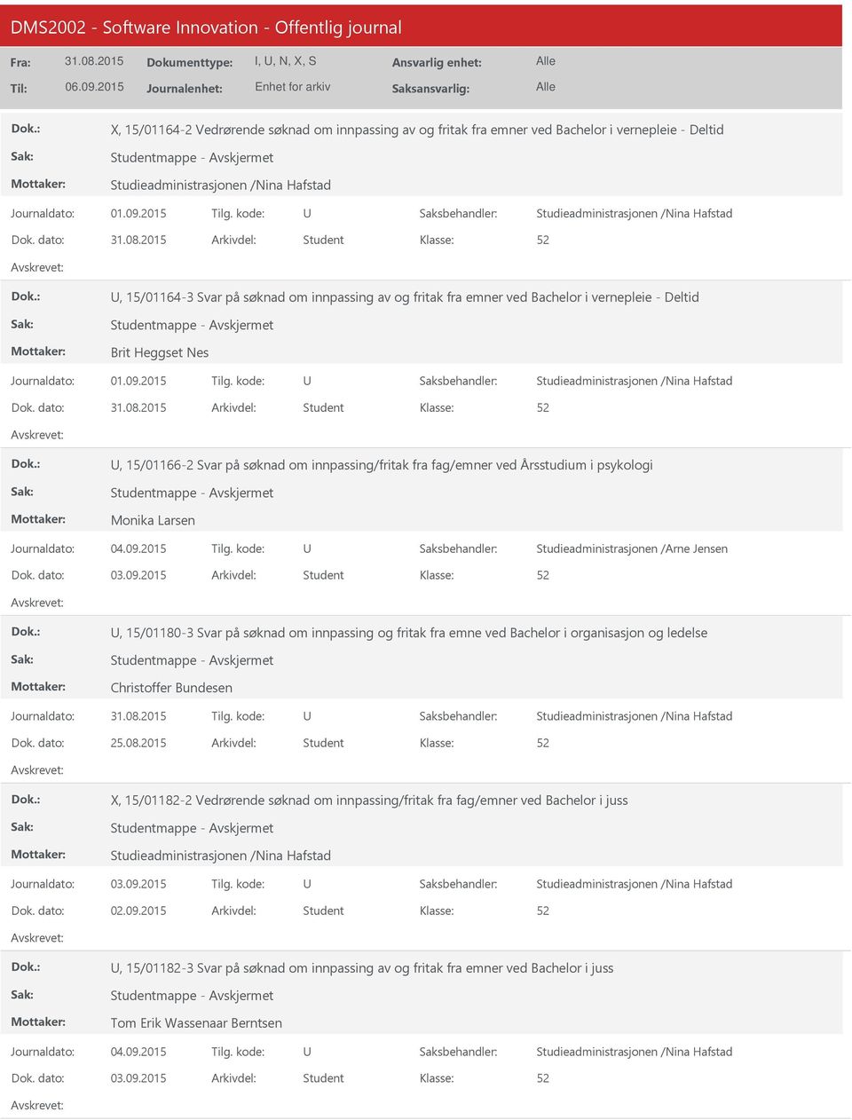 2015 Student, 15/01180-3 Svar på søknad om innpassing og fritak fra emne ved Bachelor i organisasjon og ledelse Christoffer Bundesen Journaldato: Tilg. kode: 25.08.