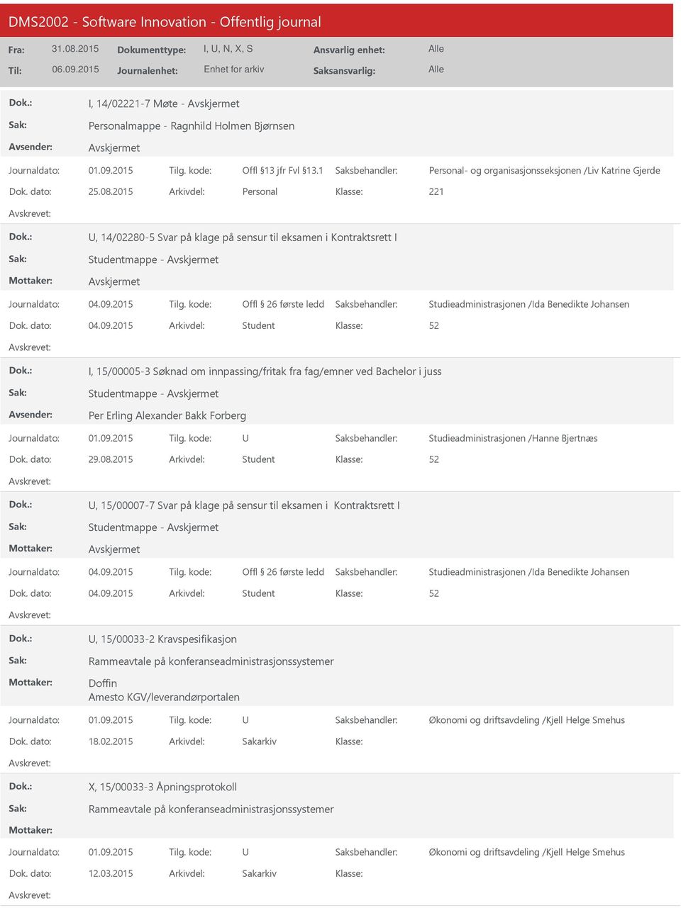 2015 Student I, 15/00005-3 Søknad om innpassing/fritak fra fag/emner ved Bachelor i juss Per Erling Alexander Bakk Forberg Studieadministrasjonen /Hanne Bjertnæs 29.08.