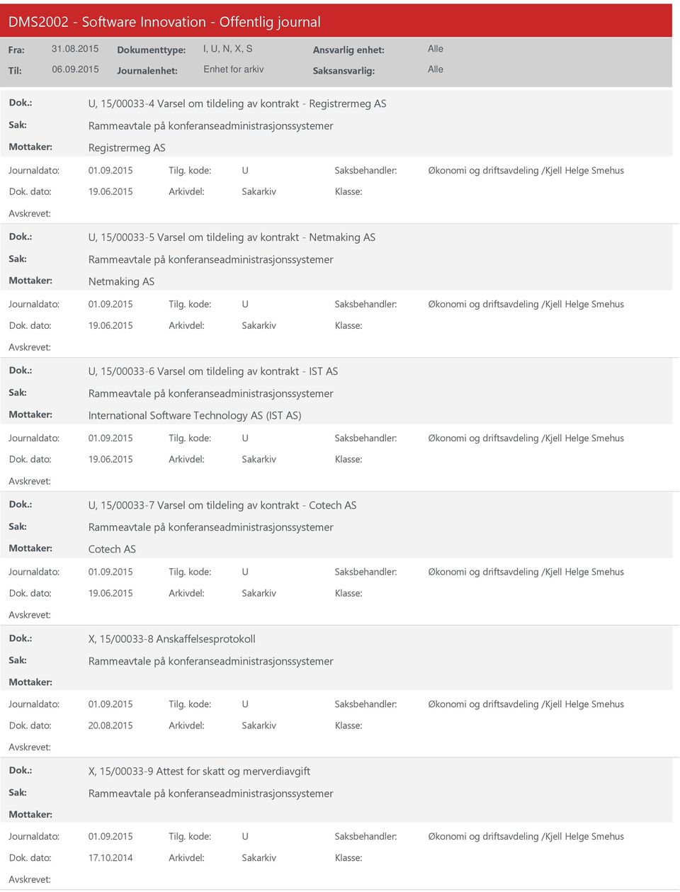 2015, 15/00033-6 Varsel om tildeling av kontrakt - IST AS Rammeavtale på konferanseadministrasjonssystemer International Software Technology AS (IST AS) 19.06.