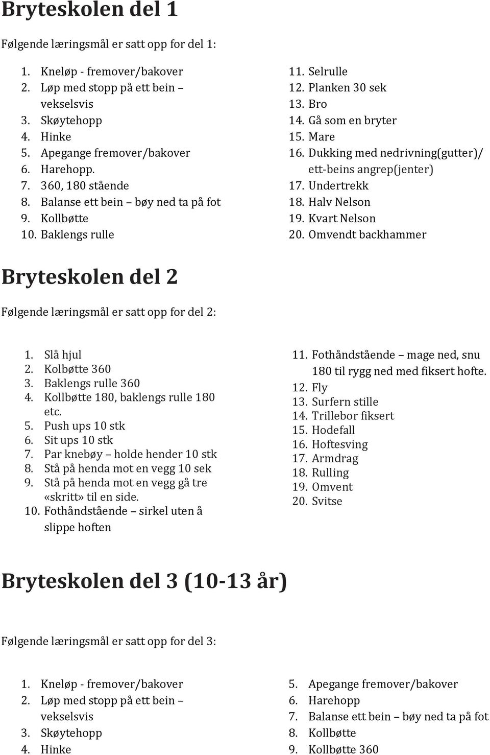 Dukking med nedrivning(gutter)/ ett-beins angrep(jenter) 17. Undertrekk 18. Halv Nelson 19. Kvart Nelson 20. Omvendt backhammer Bryteskolen del 2 Følgende læringsmål er satt opp for del 2: 1.