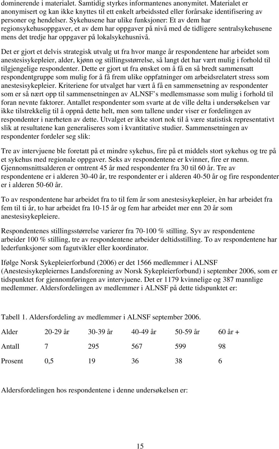 Det er gjort et delvis strategisk utvalg ut fra hvor mange år respondentene har arbeidet som anestesisykepleier, alder, kjønn og stillingsstørrelse, så langt det har vært mulig i forhold til