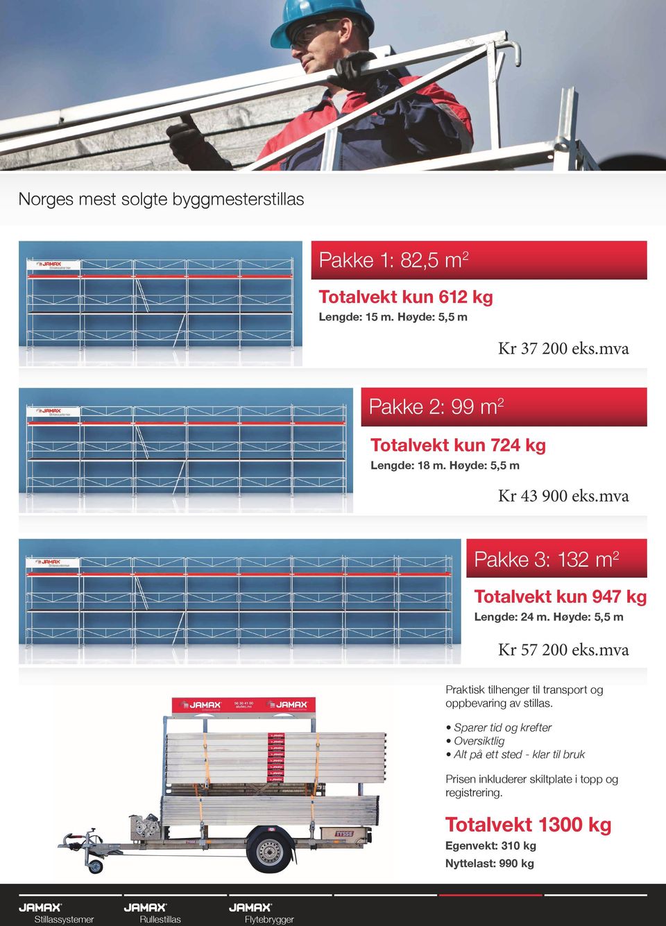 Høyde: 5,5 m Kr 57 200 eks.mva Praktisk tilhenger til transport og oppbevaring av stillas.