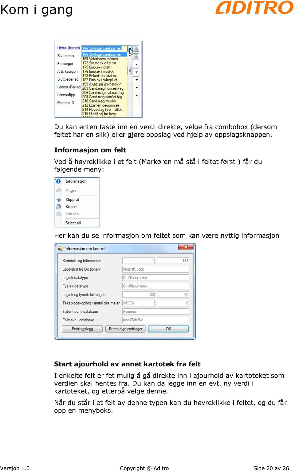 informasjon Start ajourhold av annet kartotek fra felt I enkelte felt er fet mulig å gå direkte inn i ajourhold av kartoteket som verdien skal hentes fra.