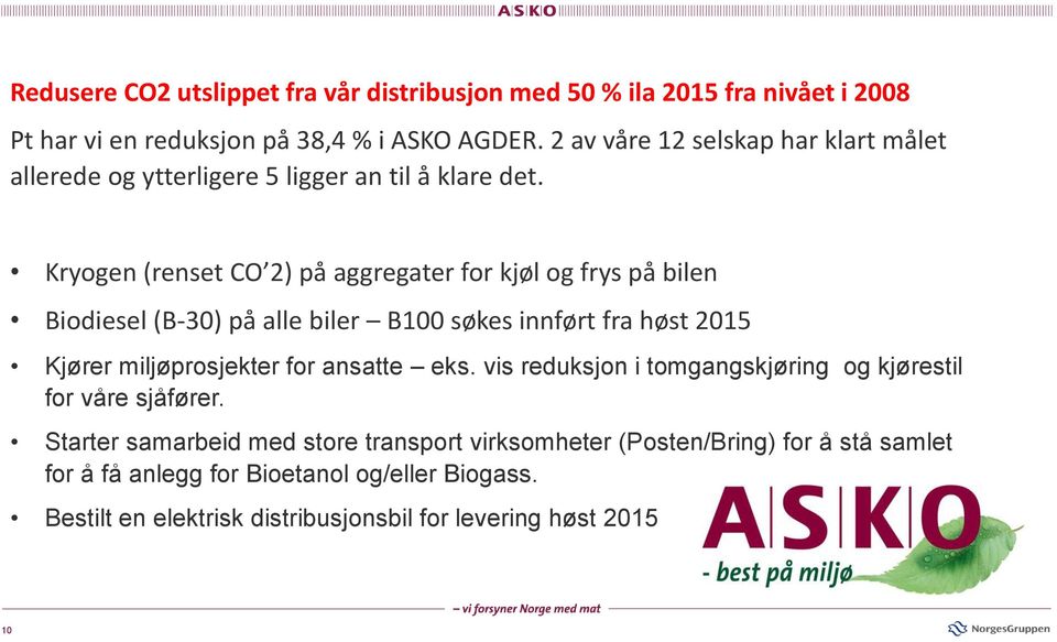 Kryogen (renset CO 2) på aggregater for kjøl og frys på bilen Biodiesel (B-30) på alle biler B100 søkes innført fra høst 2015 Kjører miljøprosjekter for ansatte