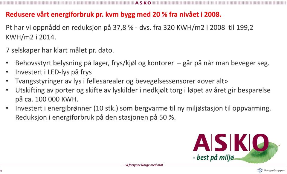 Behovsstyrt belysning på lager, frys/kjøl og kontorer går på når man beveger seg.