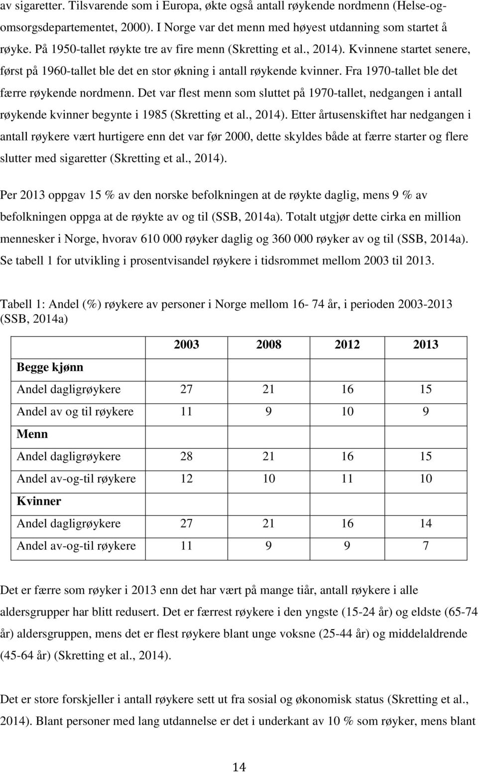 Fra 1970-tallet ble det færre røykende nordmenn. Det var flest menn som sluttet på 1970-tallet, nedgangen i antall røykende kvinner begynte i 1985 (Skretting et al., 2014).