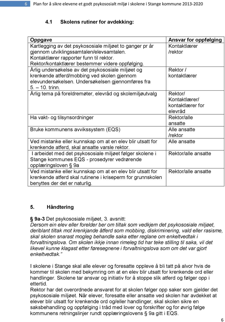 Rektor/kontaktlærer bestemmer videre oppfølging. Årlig undersøkelse av det psykososiale miljøet og krenkende atferd/mobbing ved skolen gjennom elevundersøkelsen. Undersøkelsen gjennomføres fra 5. 10.