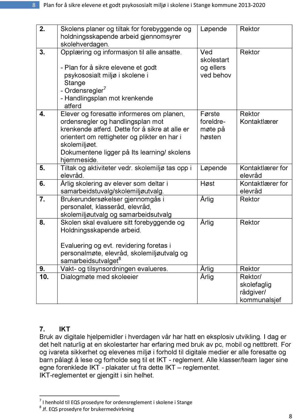 Elever og foresatte informeres om planen, ordensregler og handlingsplan mot krenkende atferd. Dette for å sikre at alle er orientert om rettigheter og plikter en har i skolemiljøet.