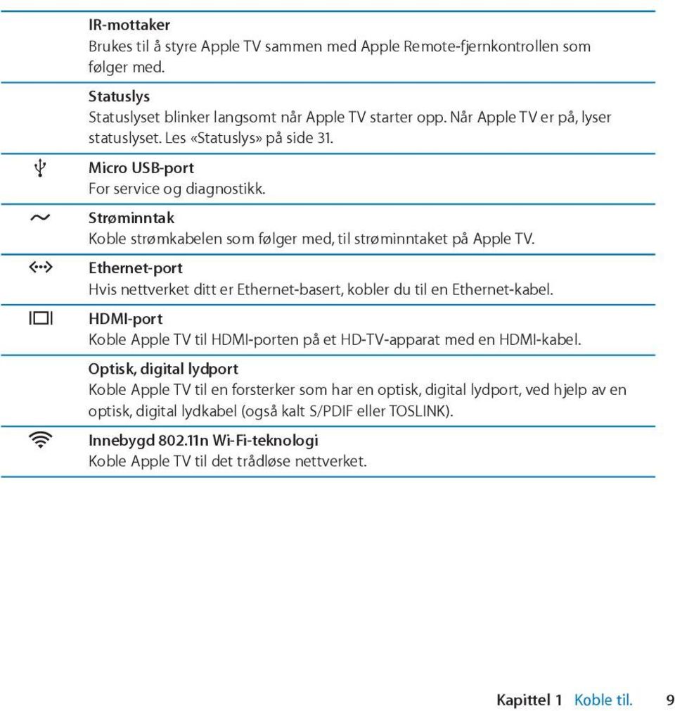 G Ethernet-port Hvis nettverket ditt er Ethernet-basert, kobler du til en Ethernet-kabel. HDMI-port Koble Apple TV til HDMI-porten på et HD-TV-apparat med en HDMI-kabel.