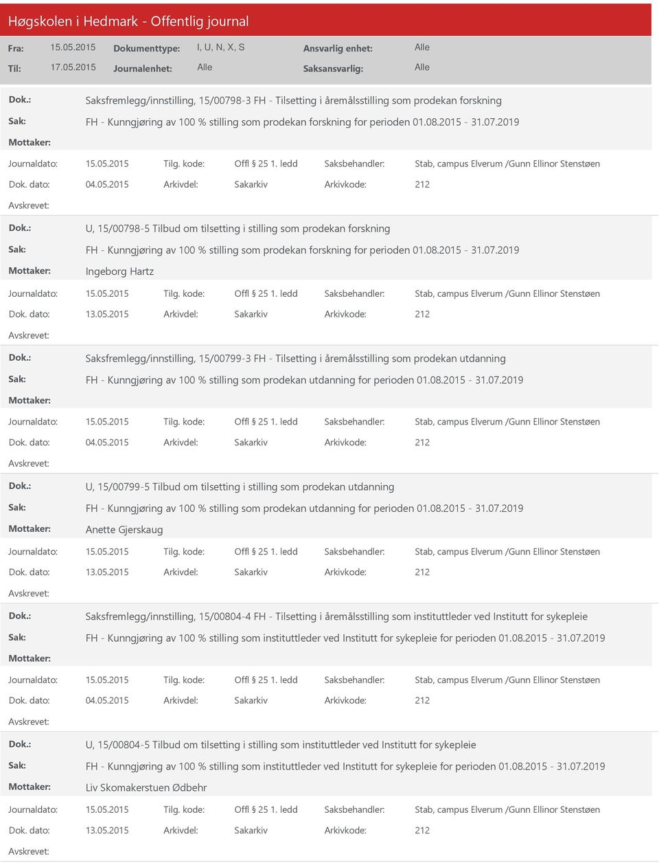 2015 Arkivdel: Sakarkiv Saksfremlegg/innstilling, 15/00799-3 FH - Tilsetting i åremålsstilling som prodekan utdanning FH - Kunngjøring av 100 % stilling som prodekan utdanning for perioden 01.08.