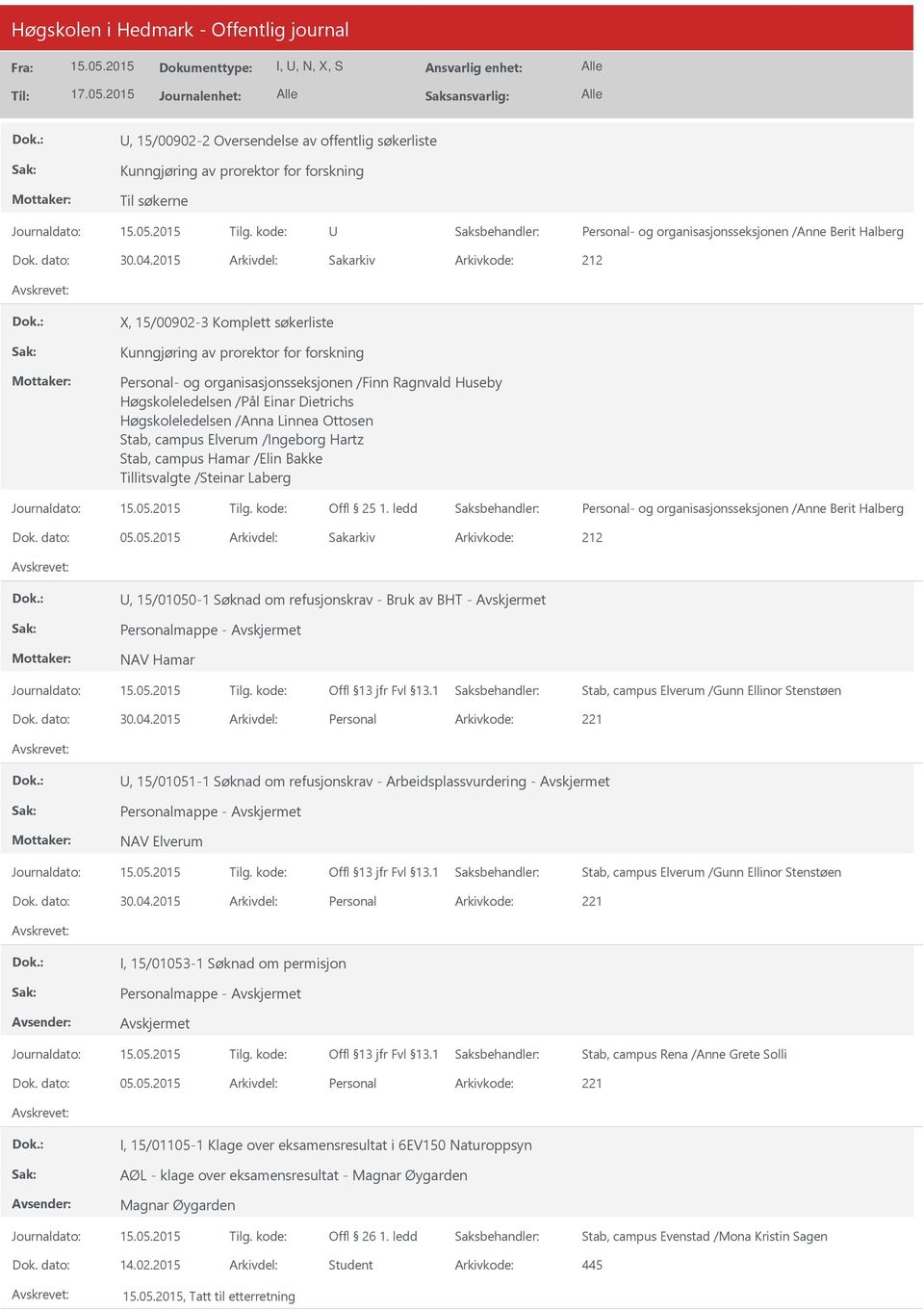 Tillitsvalgte /Steinar Laberg Dok. dato: 05.05.2015 Arkivdel: Sakarkiv, 15/01050-1 Søknad om refusjonskrav - Bruk av BHT - Avskjermet NAV Hamar Dok. dato: 30.04.