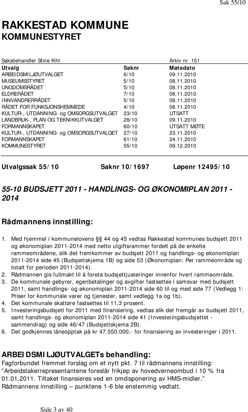 11.2010 FORMANNSKAPET 61/10 24.11.2010 KOMMUNESTYRET 55/10 09.12.