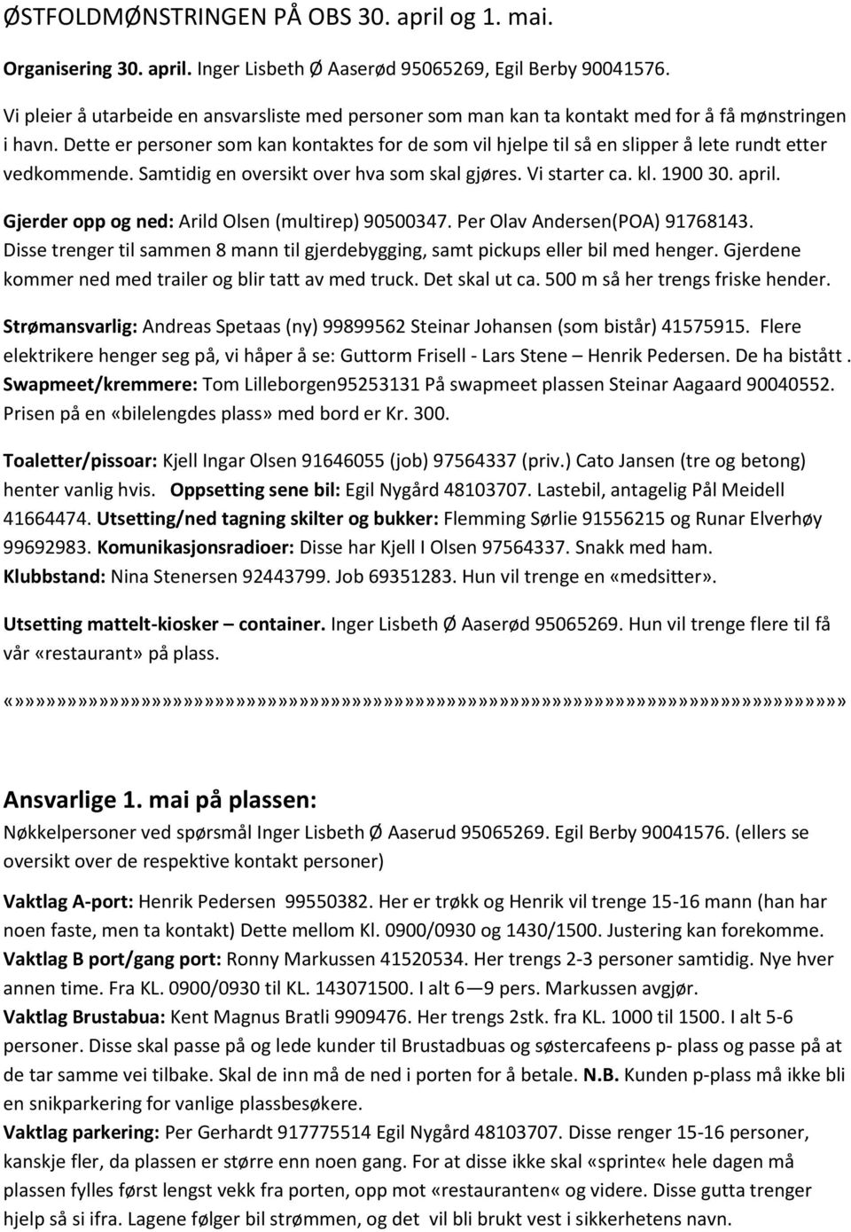 Dette er personer som kan kontaktes for de som vil hjelpe til så en slipper å lete rundt etter vedkommende. Samtidig en oversikt over hva som skal gjøres. Vi starter ca. kl. 1900 30. april.