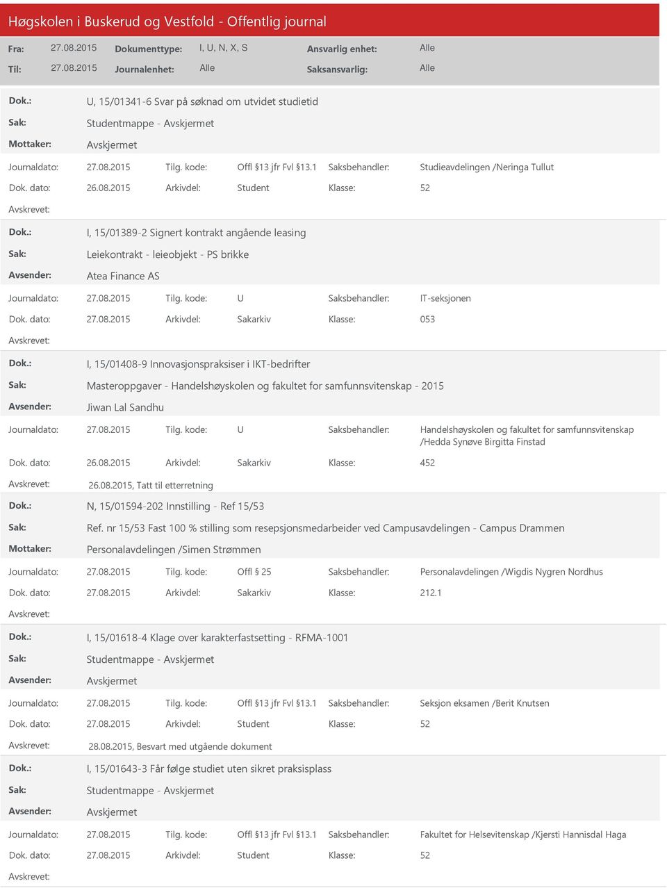 fakultet for samfunnsvitenskap /Hedda Synøve Birgitta Finstad Dok. dato: 26.08.2015 Arkivdel: Sakarkiv 4 26.08.2015, Tatt til etterretning N, 15/01594-202 Innstilling - Ref 15/53 Ref.