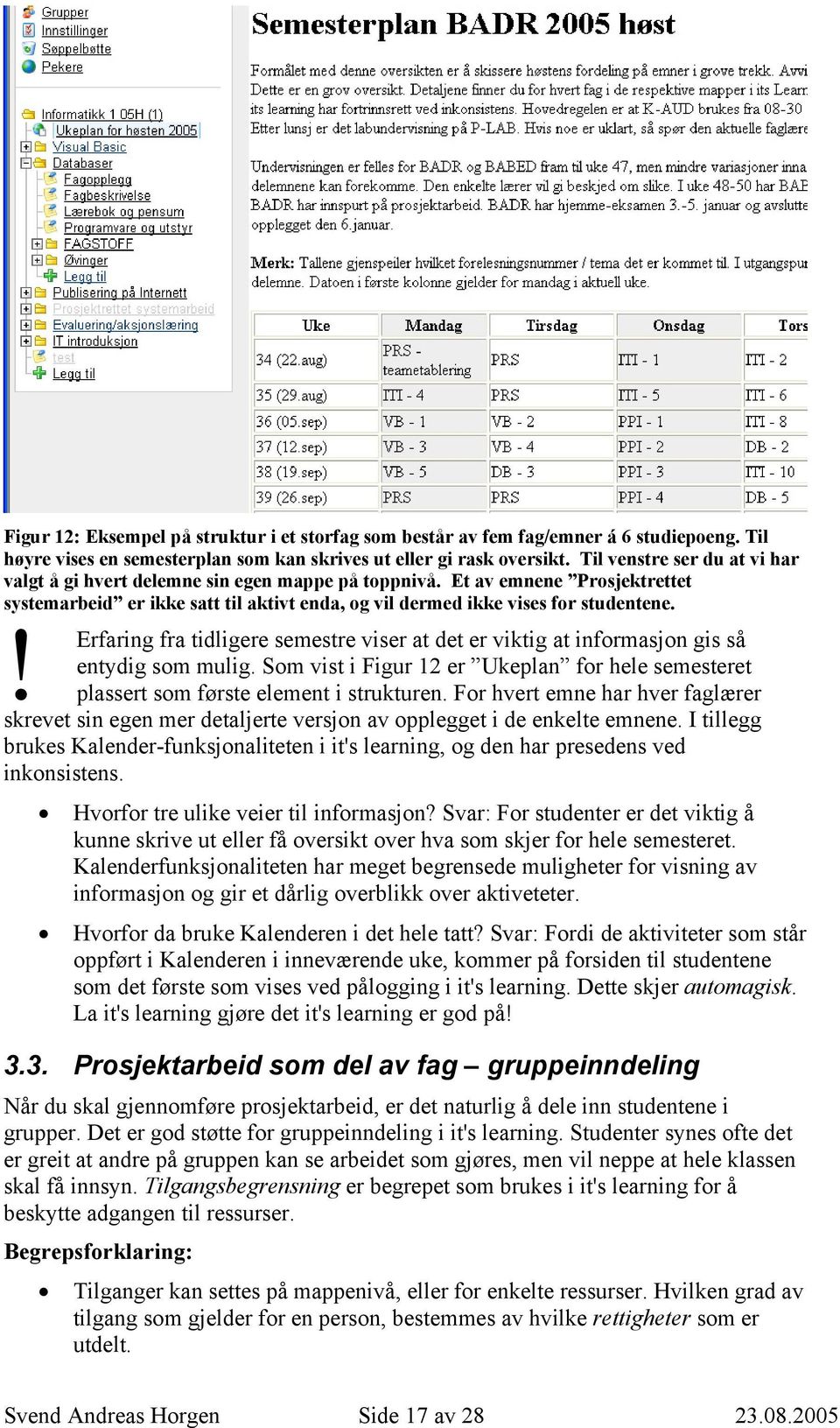 Erfaring fra tidligere semestre viser at det er viktig at informasjon gis så entydig som mulig. Som vist i Figur 12 er Ukeplan for hele semesteret plassert som første element i strukturen.