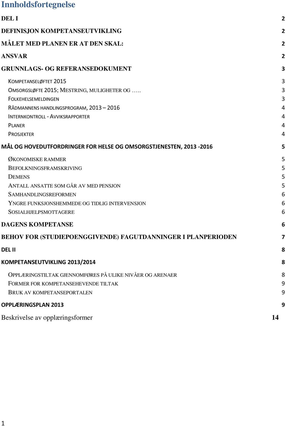 . 3 FOLKEHELSEMELDINGEN 3 RÅDMANNENS HANDLINGSPROGRAM, 2013 2016 4 INTERNKONTROLL - AVVIKSRAPPORTER 4 PLANER 4 PROSJEKTER 4 MÅL OG HOVEDUTFORDRINGER FOR HELSE OG OMSORGSTJENESTEN, 2013-2016 5