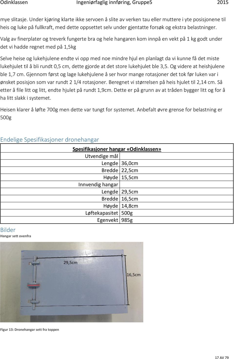 Valg av finerplater og treverk fungerte bra og hele hangaren kom innpå en vekt på 1 kg godt under det vi hadde regnet med på 1,5kg Selve heise og lukehjulene endte vi opp med noe mindre hjul en