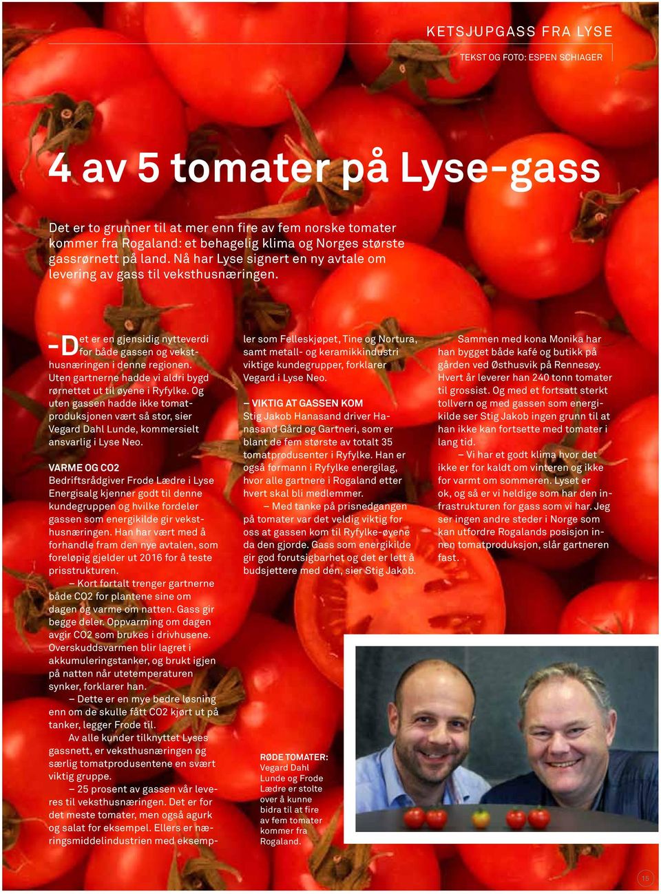 Uten gartnerne hadde vi aldri bygd rørnettet ut til øyene i Ryfylke. Og uten gassen hadde ikke tomatproduksjonen vært så stor, sier Vegard Dahl Lunde, kommersielt ansvarlig i Lyse Neo.