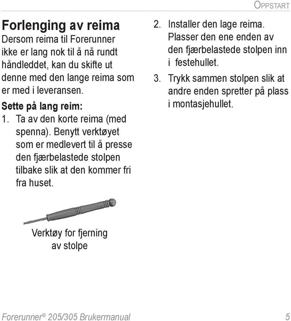 Benytt verktøyet som er medlevert til å presse den fjærbelastede stolpen tilbake slik at den kommer fri fra huset. 2. Installer den lage reima.